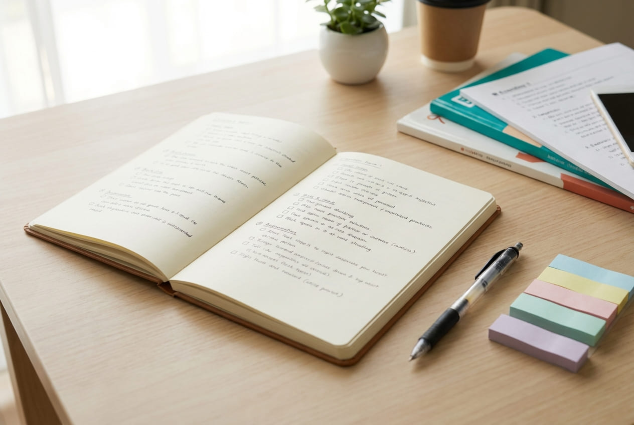 Блокнот с критериями проверки полноты учебного материала на столе